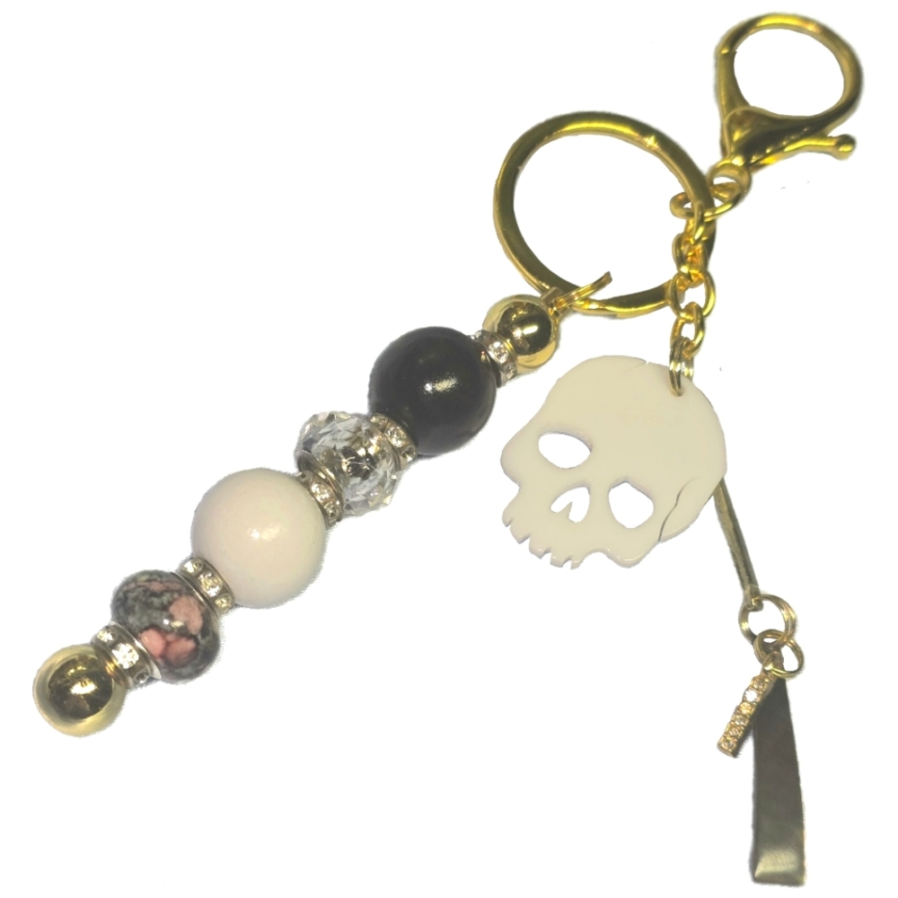🟢 HANDMADE Gold Glass Bead Floral Skull Hanging Chain Metal Rod Keychain